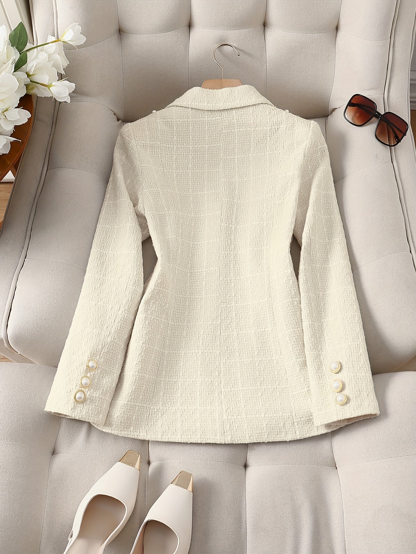 Luxurious Pearl Button Blazer - Chic Open Front, Stretchy Polyester & Spandex Blend, Machine Washable, Versatile for Spring and Fall Seasons, Perfect for Work, Date Night, or Special Occasions